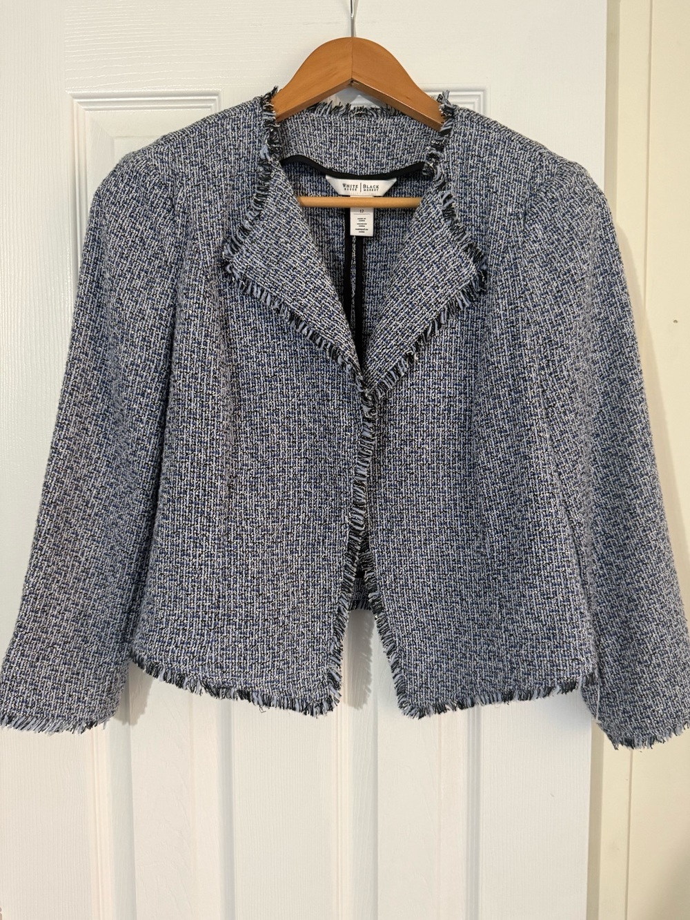 White House Black Market Women's Blue Tweed Fringe blazer